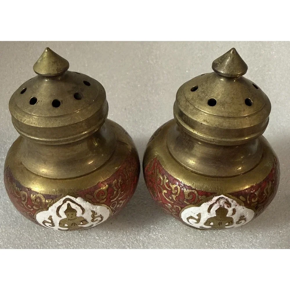 Vintage Siam Thailand Brass Enamel Buddha Salt Pepper Shakers Tray Red